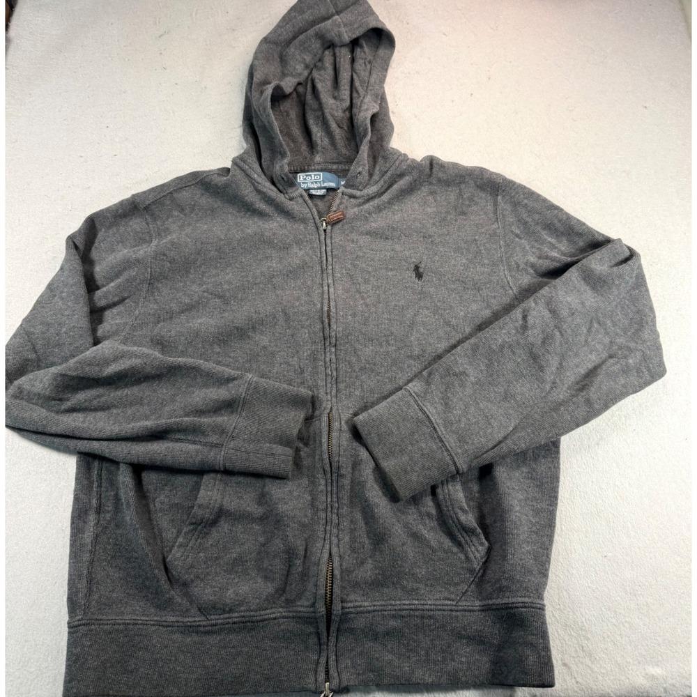 Polo Ralph Lauren Mens Full‎ Zip Hoodie Grey Ribbed Cotton Pony Logo Medium